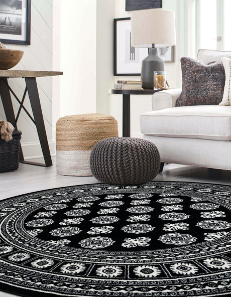 Black and White 5' 3 x 5' 3 Tekke Round Area Rug Classic Traditional Vintage Design Carpet for Living Rooms, Dining, Bedrooms, Office Space for Sale at Rug Engine