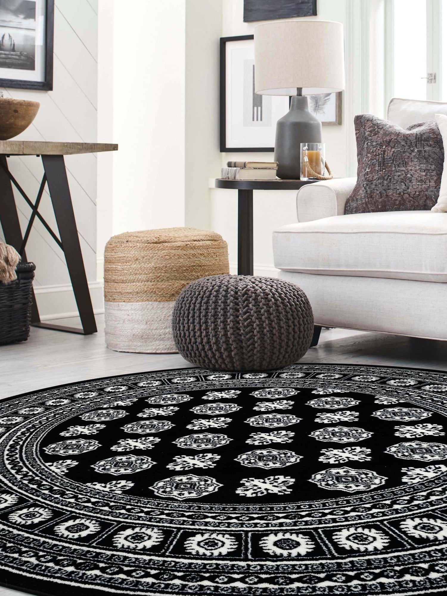 Black and White 7' 10 x 7' 10 Tekke Round Area Rug Classic Traditional Vintage Design Carpet for Living Rooms, Dining, Bedrooms, Office Space for Sale at Rug Engine