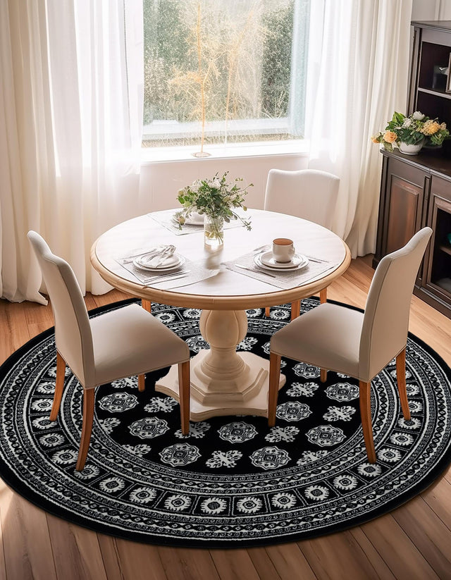 Black and White 3' 1 x 3' 1 Tekke Round Area Rug Classic Traditional Vintage Design Carpet for Living Rooms, Dining, Bedrooms, Office Space for Sale at Rug Engine