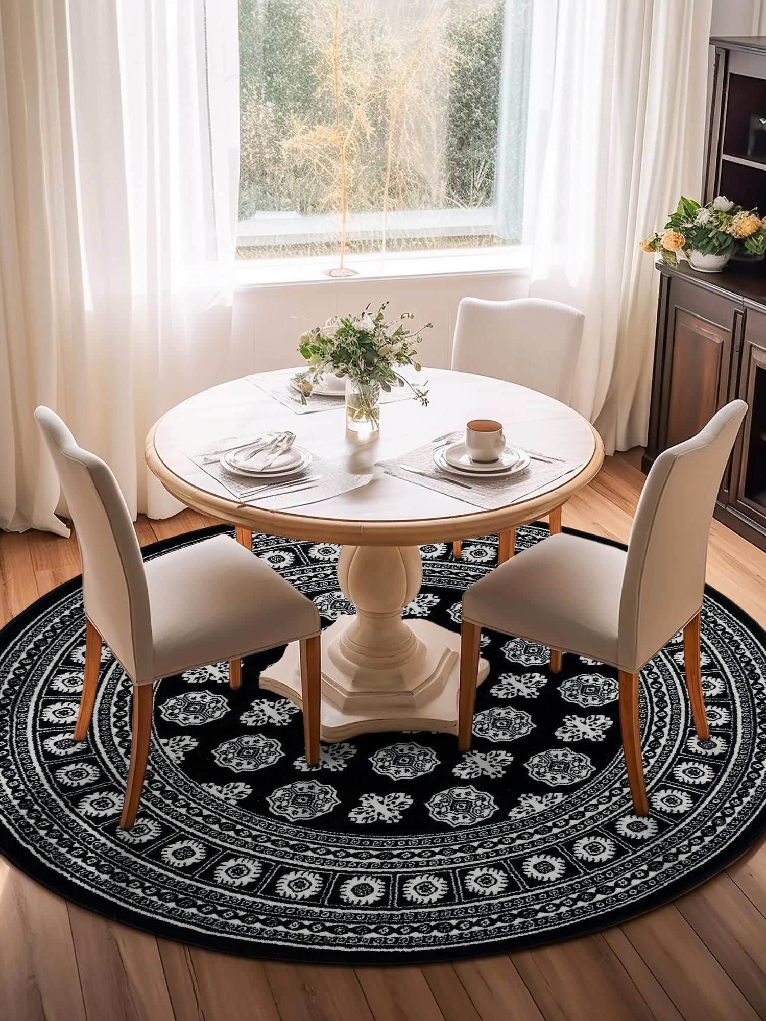 Black and White 5' 3 x 5' 3 Tekke Round Area Rug Classic Traditional Vintage Design Carpet for Living Rooms, Dining, Bedrooms, Office Space for Sale at Rug Engine