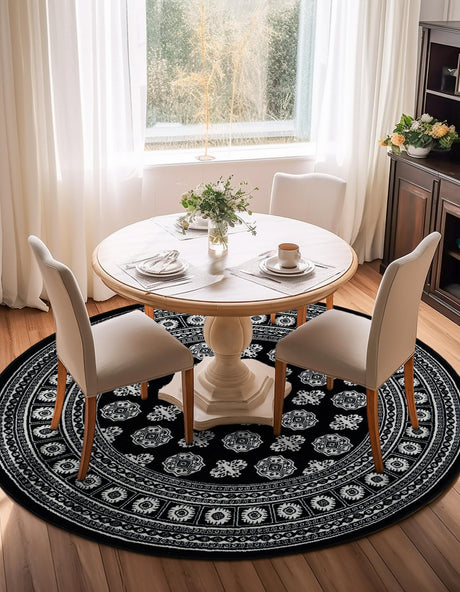 Black and White 5' 3 x 5' 3 Tekke Round Area Rug Classic Traditional Vintage Design Carpet for Living Rooms, Dining, Bedrooms, Office Space for Sale at Rug Engine