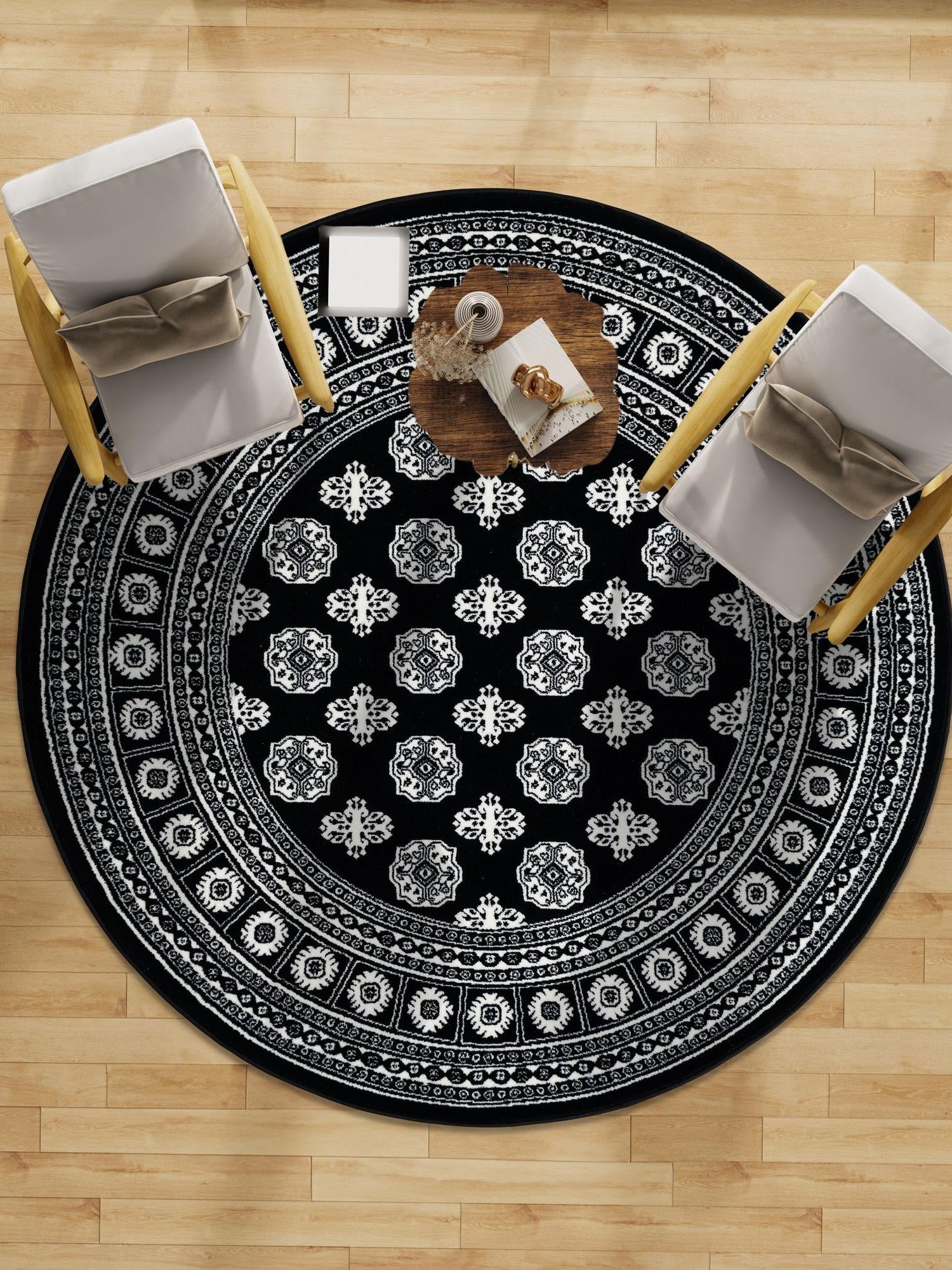 Black and White 3' 1 x 3' 1 Tekke Round Area Rug Classic Traditional Vintage Design Carpet for Living Rooms, Dining, Bedrooms, Office Space for Sale at Rug Engine
