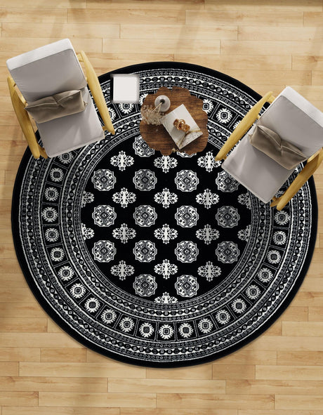Black and White 3' 1 x 3' 1 Tekke Round Area Rug Classic Traditional Vintage Design Carpet for Living Rooms, Dining, Bedrooms, Office Space for Sale at Rug Engine