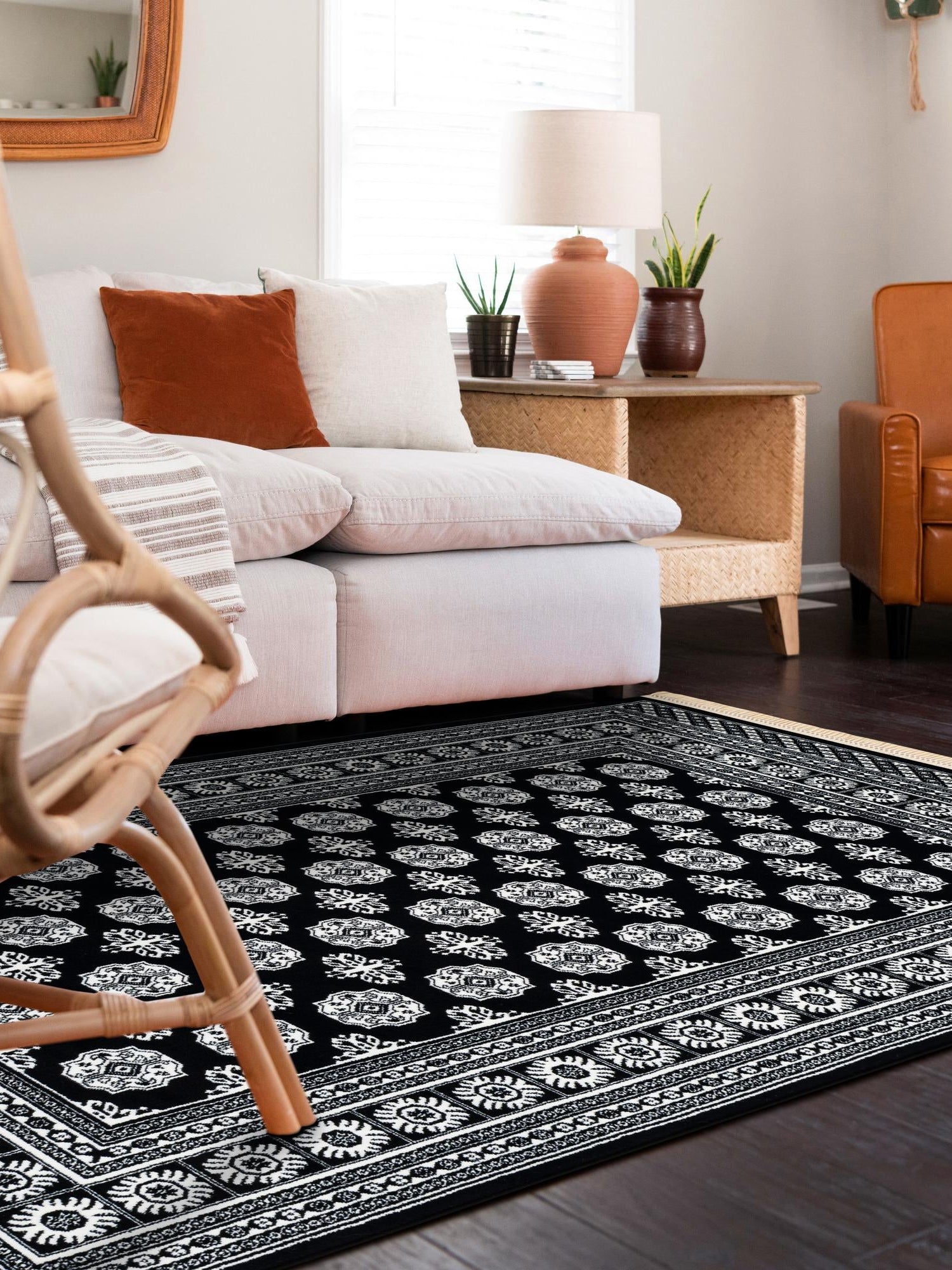 Black and White 6' 1 x 9' Tekke Rectangle Area Rug Classic Traditional Vintage Design Carpet for Living Rooms, Dining, Bedrooms, Office Space for Sale at Rug Engine