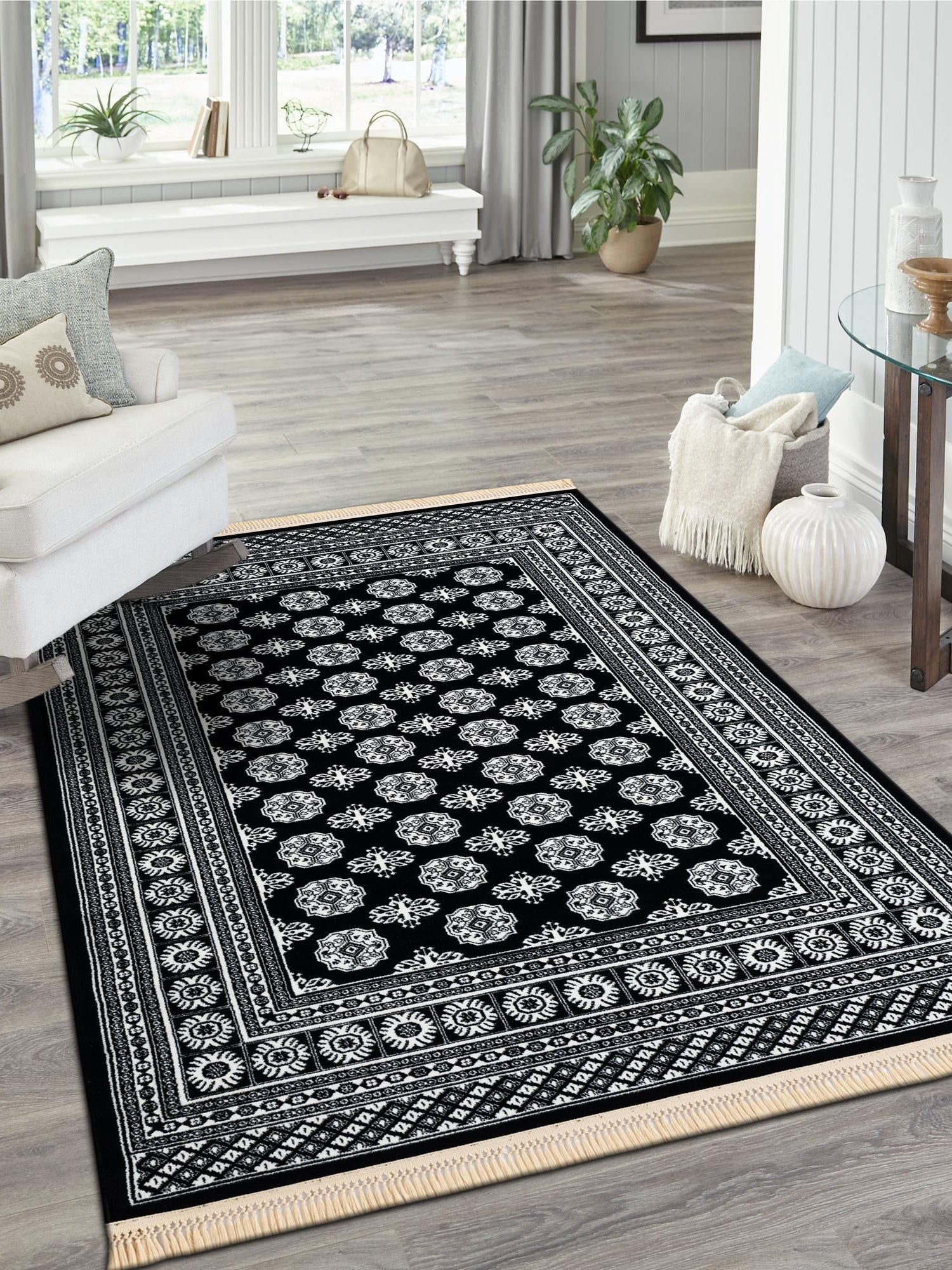 Black and White 10' x 14' 1 Tekke Rectangle Area Rug Classic Traditional Vintage Design Carpet for Living Rooms, Dining, Bedrooms, Office Space for Sale at Rug Engine