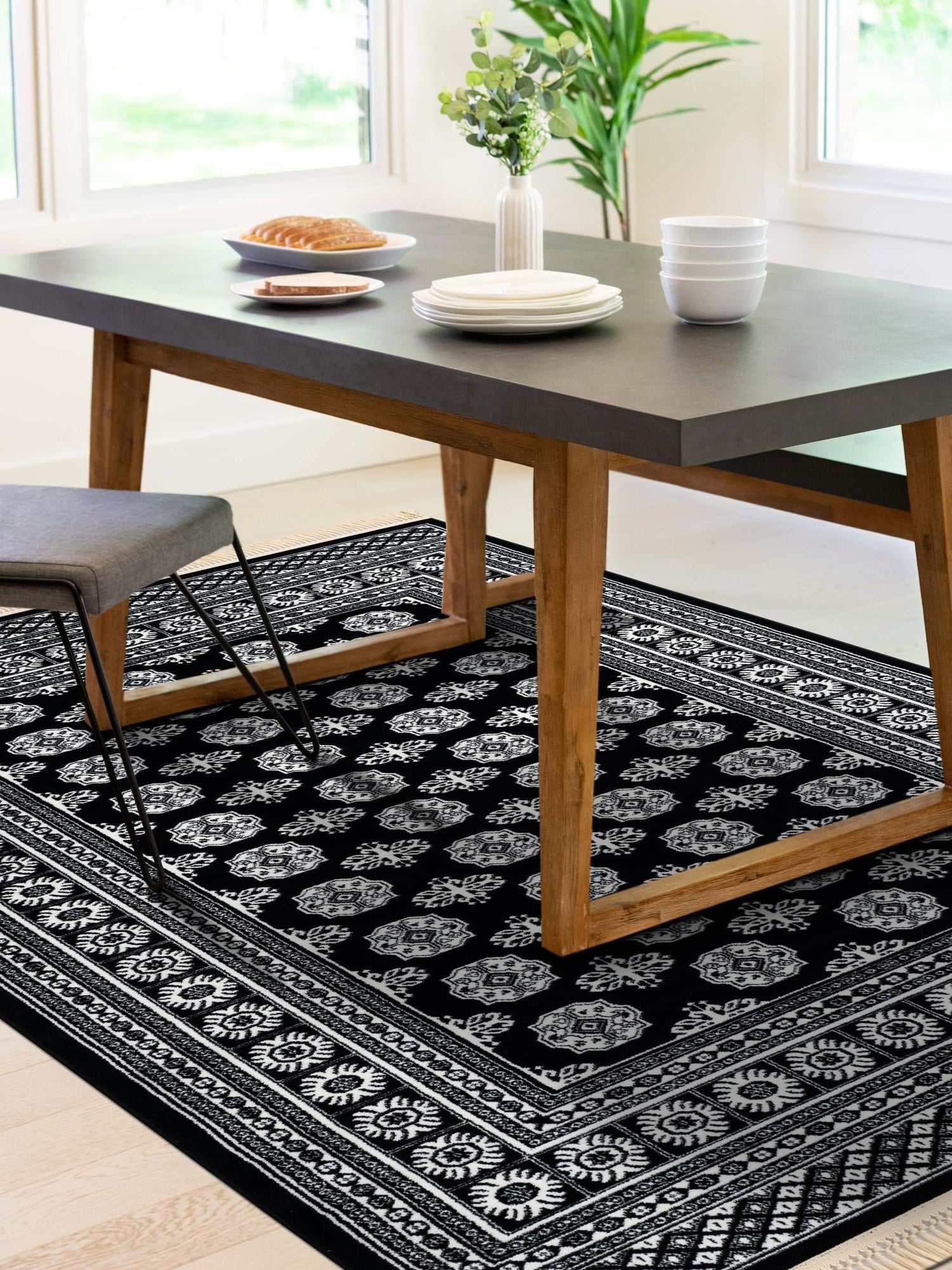 Black and White 7' 1 x 10' Tekke Rectangle Area Rug Classic Traditional Vintage Design Carpet for Living Rooms, Dining, Bedrooms, Office Space for Sale at Rug Engine