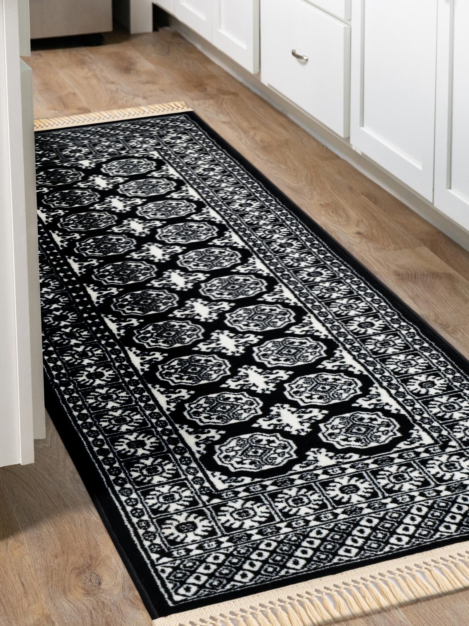 Black and White 2' 7 x 12' Tekke Runner Area Rug Classic Traditional Vintage Design Carpet for Living Rooms, Dining, Bedrooms, Office Space for Sale at Rug Engine