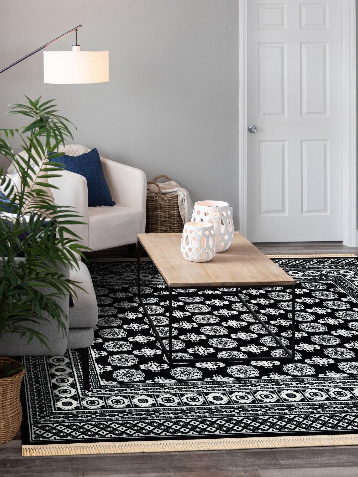 Black and White 7' 10 x 7' 10 Tekke Square Area Rug Classic Traditional Vintage Design Carpet for Living Rooms, Dining, Bedrooms, Office Space for Sale at Rug Engine