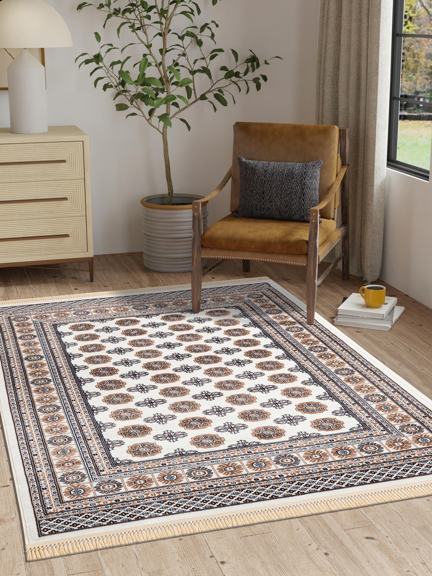 Ivory 5' 3 x 8' Tekke Rectangle Area Rug Classic Traditional Vintage Design Carpet for Living Rooms, Dining, Bedrooms, Office Space for Sale at Rug Engine