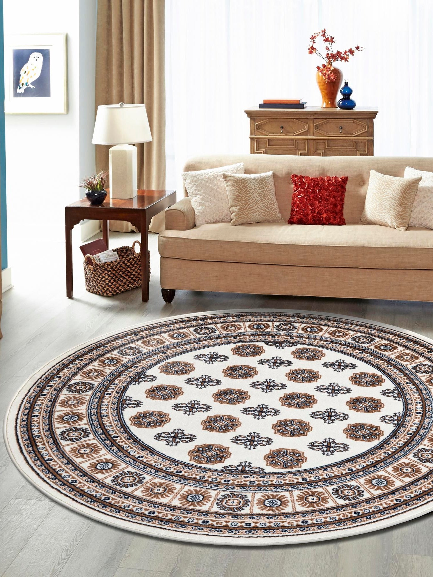 Ivory 6' 1 x 6' 1 Tekke Round Area Rug Classic Traditional Vintage Design Carpet for Living Rooms, Dining, Bedrooms, Office Space for Sale at Rug Engine