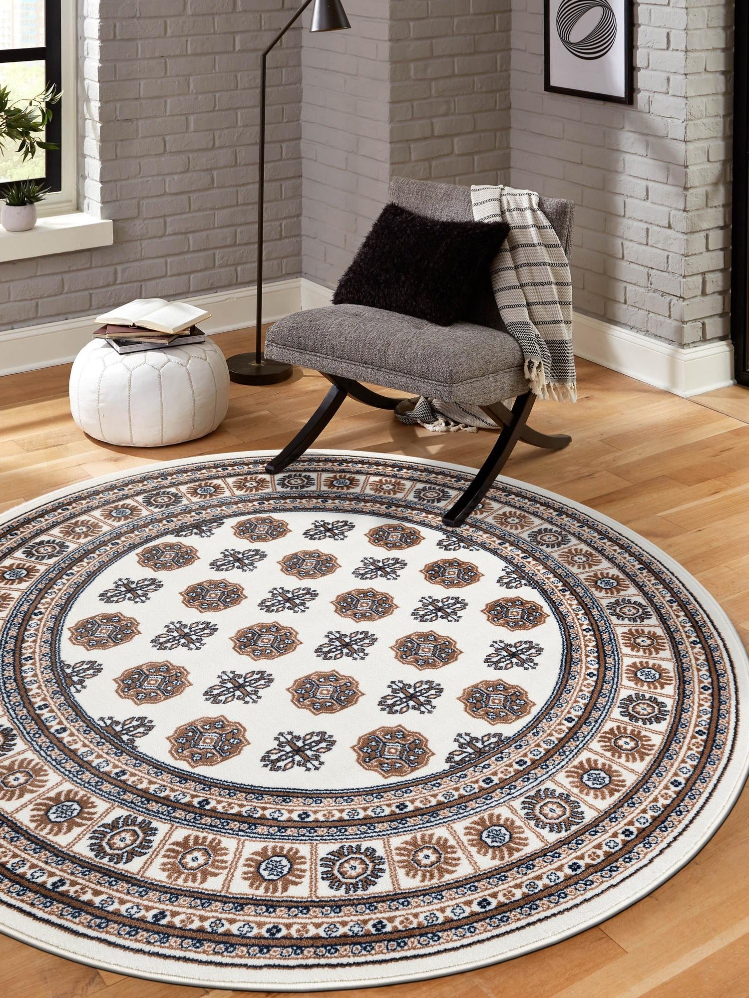 Ivory 6' 1 x 6' 1 Tekke Round Area Rug Classic Traditional Vintage Design Carpet for Living Rooms, Dining, Bedrooms, Office Space for Sale at Rug Engine