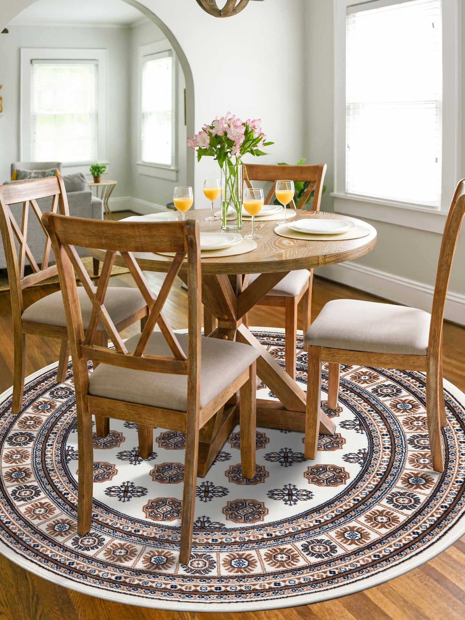 Ivory 6' 1 x 6' 1 Tekke Round Area Rug Classic Traditional Vintage Design Carpet for Living Rooms, Dining, Bedrooms, Office Space for Sale at Rug Engine