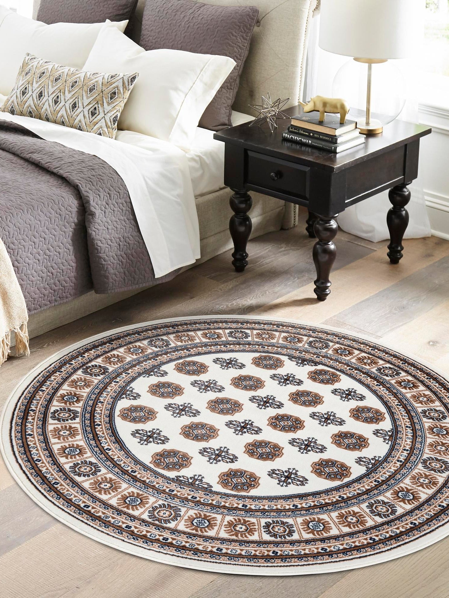 Ivory 6' 1 x 6' 1 Tekke Round Area Rug Classic Traditional Vintage Design Carpet for Living Rooms, Dining, Bedrooms, Office Space for Sale at Rug Engine