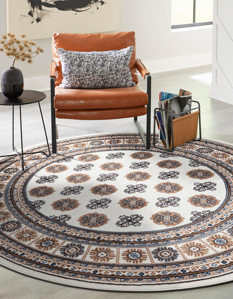 Ivory 6' 1 x 6' 1 Tekke Round Area Rug Classic Traditional Vintage Design Carpet for Living Rooms, Dining, Bedrooms, Office Space for Sale at Rug Engine