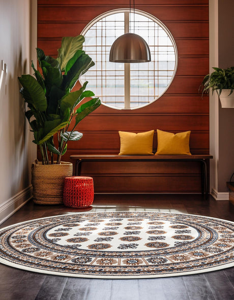 Ivory 5' 3 x 5' 3 Tekke Round Area Rug Classic Traditional Vintage Design Carpet for Living Rooms, Dining, Bedrooms, Office Space for Sale at Rug Engine