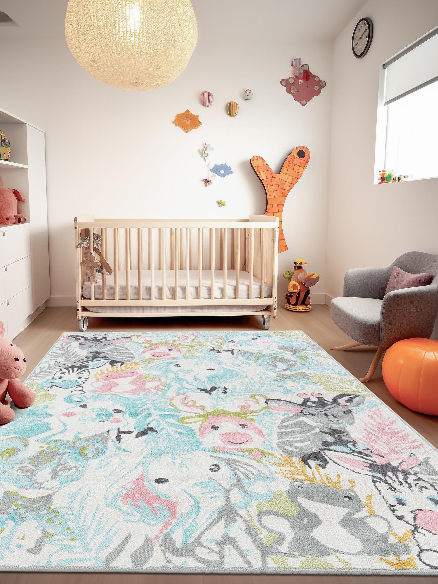 Multicolor 7' 10 x 10' Whimsy Kids Rectangle Area Rug for Baby Nursery, Toddler Playroom, Bedrooms