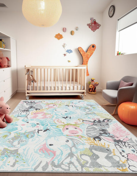 Multicolor 7' 10 x 10' Whimsy Kids Rectangle Area Rug for Baby Nursery, Toddler Playroom,  Bedrooms Playful Fun Design Easy Clean Carpet for Sale at Rug Engine