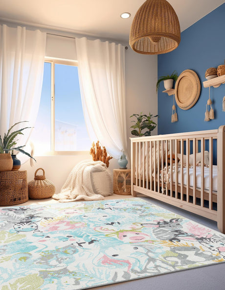 Multicolor 7' 10 x 10' Whimsy Kids Rectangle Area Rug for Baby Nursery, Toddler Playroom,  Bedrooms Playful Fun Design Easy Clean Carpet for Sale at Rug Engine