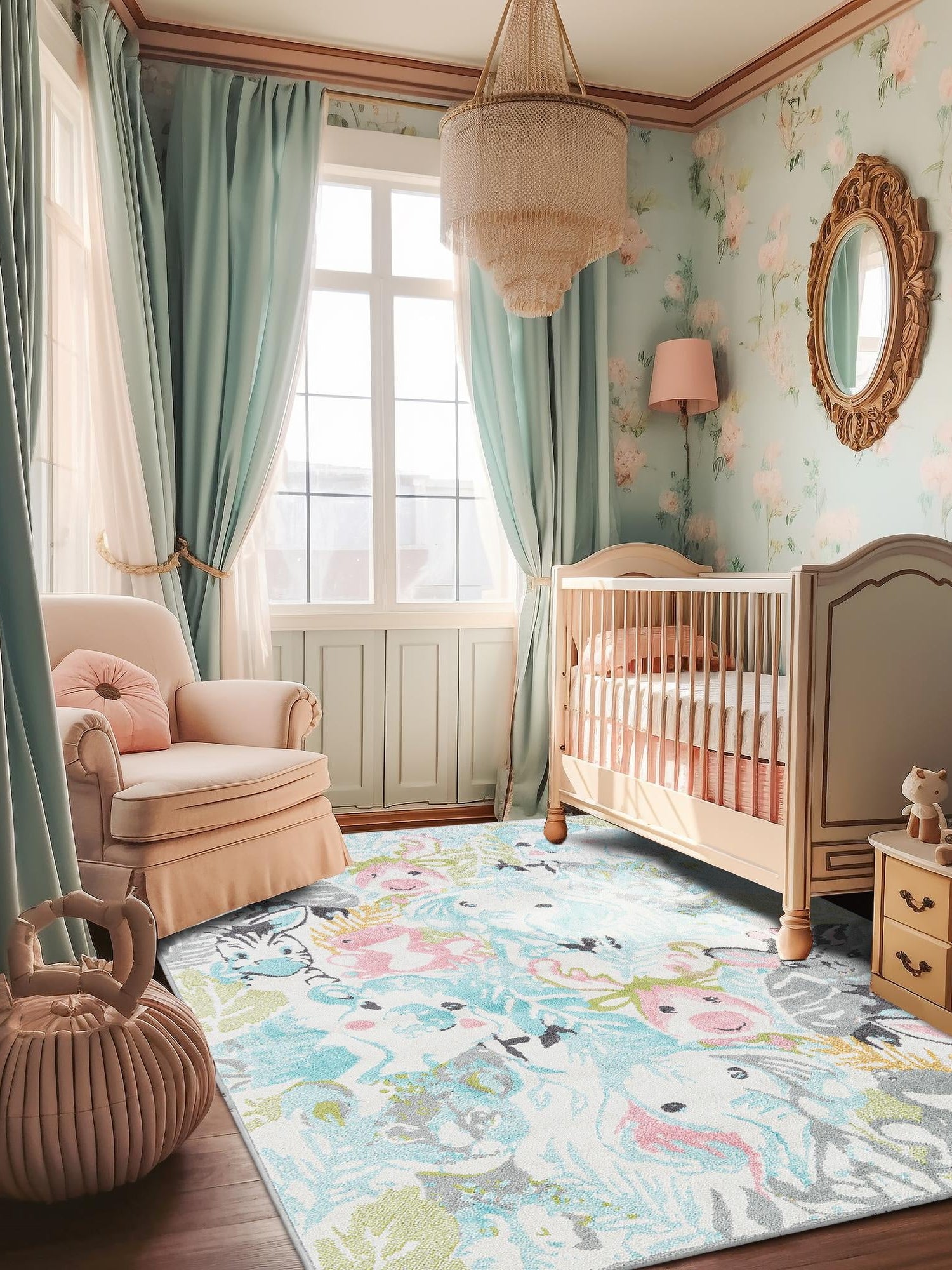 Multicolor 4' 1 x 6' 1 Whimsy Kids Rectangle Area Rug for Baby Nursery, Toddler Playroom,  Bedrooms Playful Fun Design Easy Clean Carpet for Sale at Rug Engine