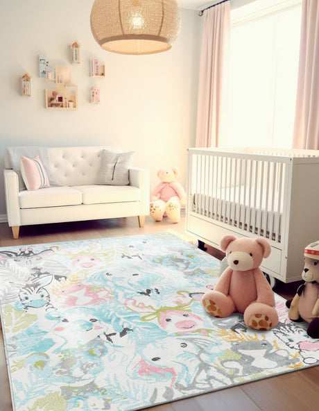 Multicolor 4' 1 x 6' 1 Whimsy Kids Rectangle Area Rug for Baby Nursery, Toddler Playroom,  Bedrooms Playful Fun Design Easy Clean Carpet for Sale at Rug Engine