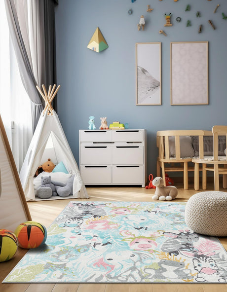 Multicolor 4' 1 x 6' 1 Whimsy Kids Rectangle Area Rug for Baby Nursery, Toddler Playroom,  Bedrooms Playful Fun Design Easy Clean Carpet for Sale at Rug Engine