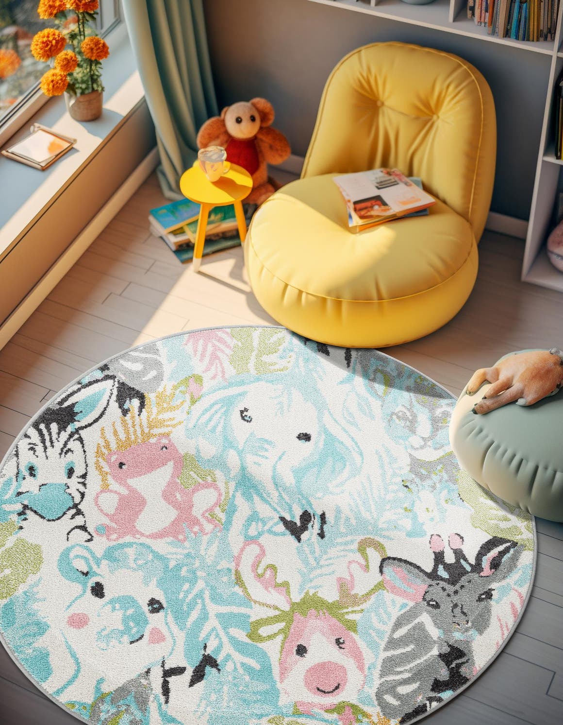 Multicolor 6' 1 x 6' 1 Whimsy Kids Round Area Rug for Baby Nursery, Toddler Playroom,  Bedrooms Playful Fun Design Easy Clean Carpet for Sale at Rug Engine