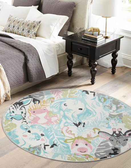 Multicolor 5' 1 x 5' 1 Whimsy Kids Round Area Rug for Baby Nursery, Toddler Playroom,  Bedrooms Playful Fun Design Easy Clean Carpet for Sale at Rug Engine