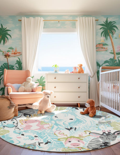 Multicolor 2' 2 x 2' 2 Whimsy Kids Round Area Rug for Baby Nursery, Toddler Playroom,  Bedrooms Playful Fun Design Easy Clean Carpet for Sale at Rug Engine