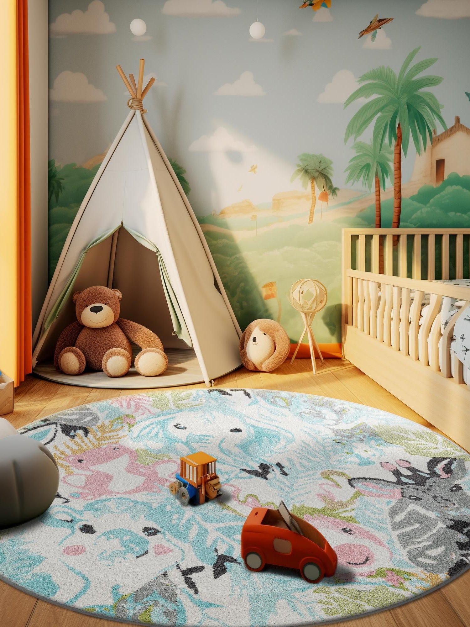 Multicolor 5' 1 x 5' 1 Whimsy Kids Round Area Rug for Baby Nursery, Toddler Playroom,  Bedrooms Playful Fun Design Easy Clean Carpet for Sale at Rug Engine