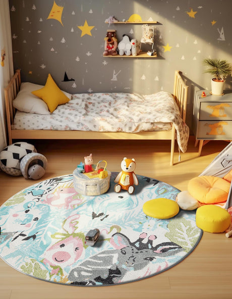 Multicolor 6' 1 x 6' 1 Whimsy Kids Round Area Rug for Baby Nursery, Toddler Playroom,  Bedrooms Playful Fun Design Easy Clean Carpet for Sale at Rug Engine