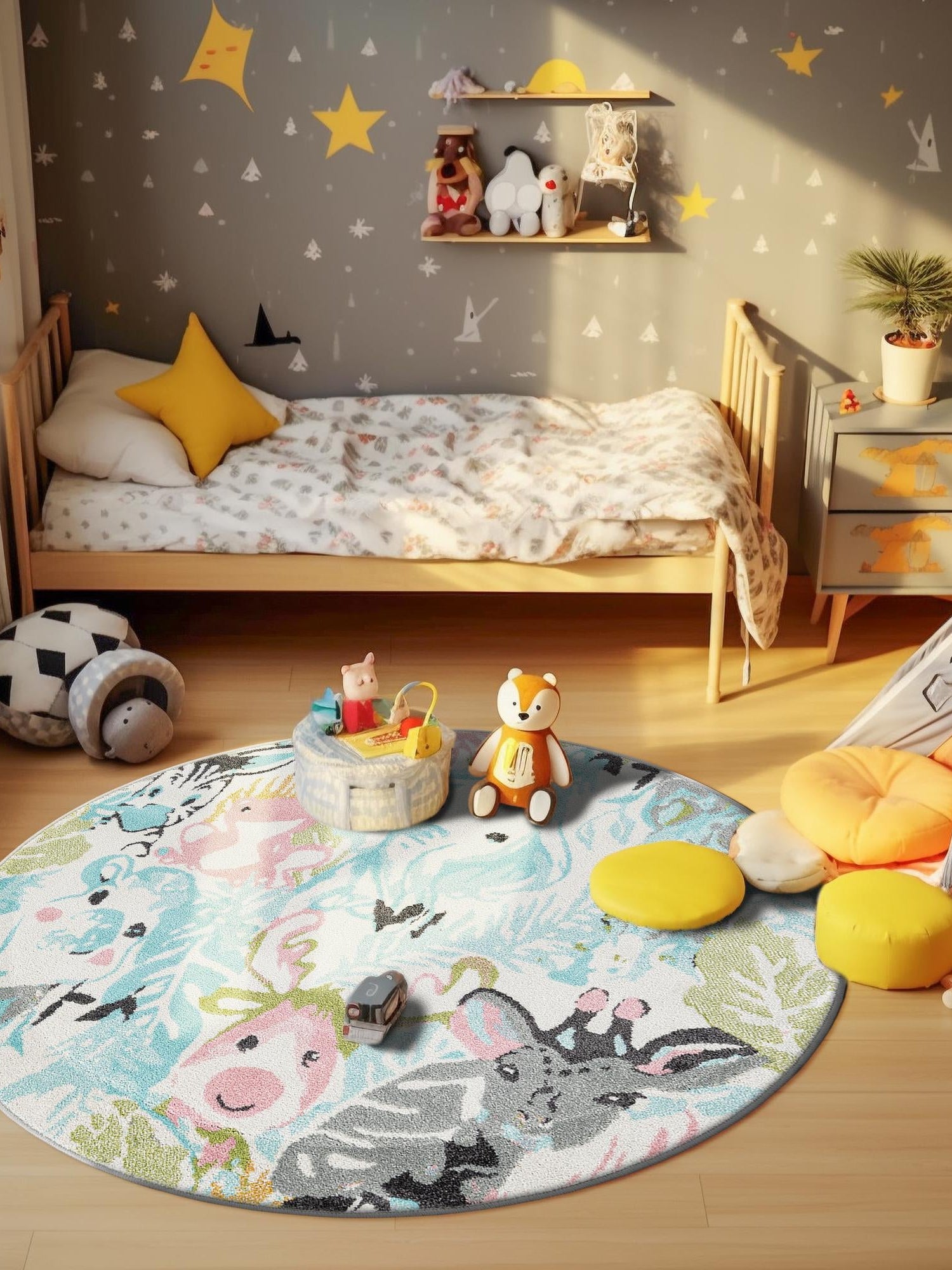 Multicolor 5' 1 x 5' 1 Whimsy Kids Round Area Rug for Baby Nursery, Toddler Playroom,  Bedrooms Playful Fun Design Easy Clean Carpet for Sale at Rug Engine