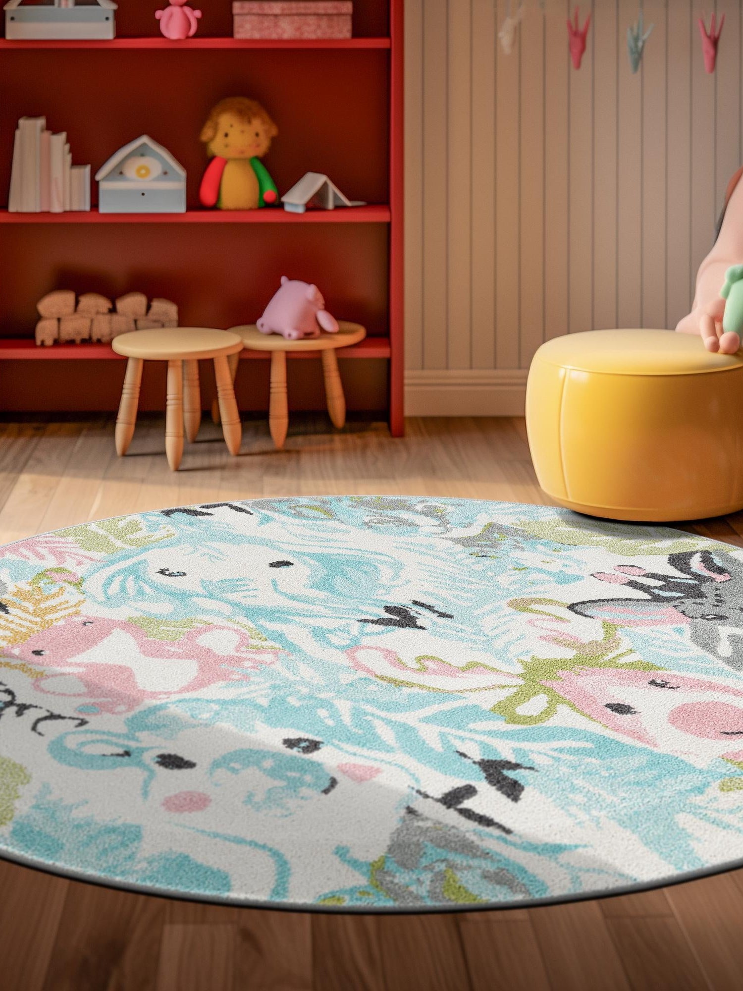 Multicolor 5' 1 x 5' 1 Whimsy Kids Round Area Rug for Baby Nursery, Toddler Playroom,  Bedrooms Playful Fun Design Easy Clean Carpet for Sale at Rug Engine