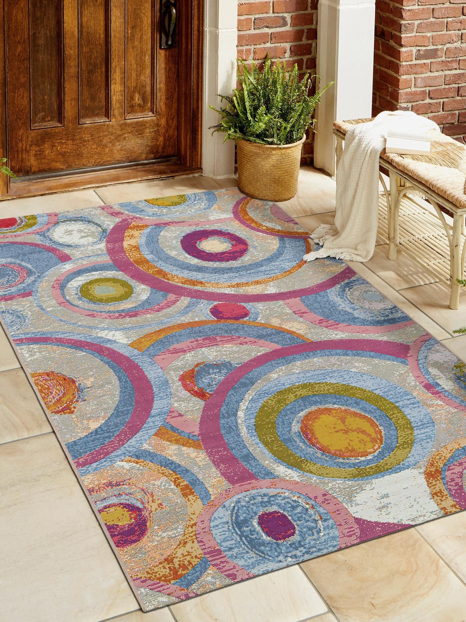 Multicolor 5' 1 x 8' Outdoor Modern Rectangle Area Rug Weather Resistant for Patio, Deck, Terrace, Balcony, Porch 100% Polypropylene Modern Outside Carpet for Sale at Rug Engine