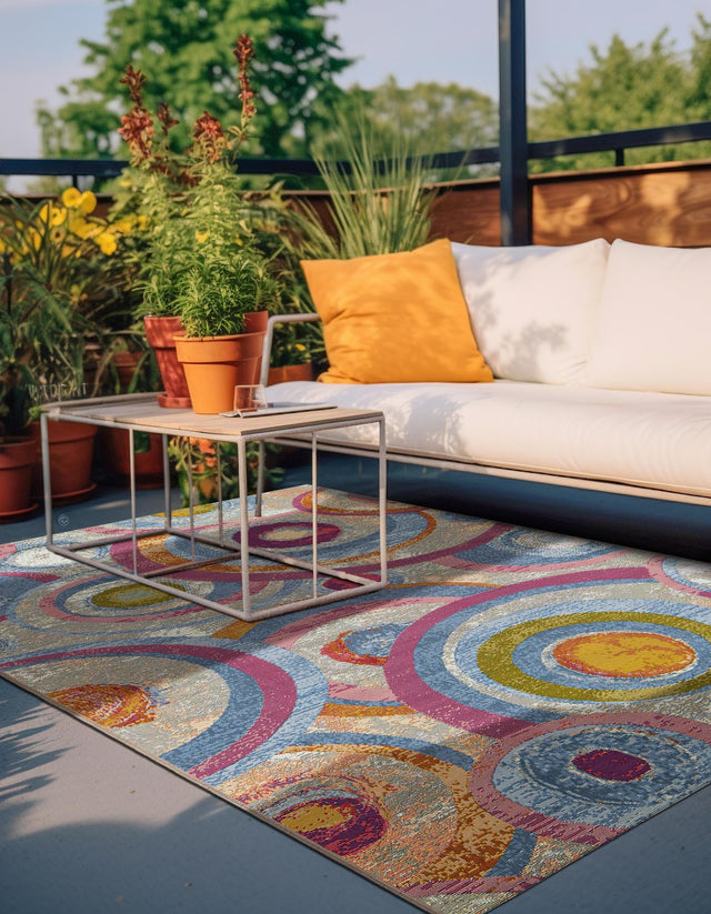 Multicolor 7' 10 x 10' Outdoor Modern Rectangle Area Rug Weather Resistant for Patio, Deck, Terrace, Balcony, Porch 100% Polypropylene Modern Outside Carpet for Sale at Rug Engine