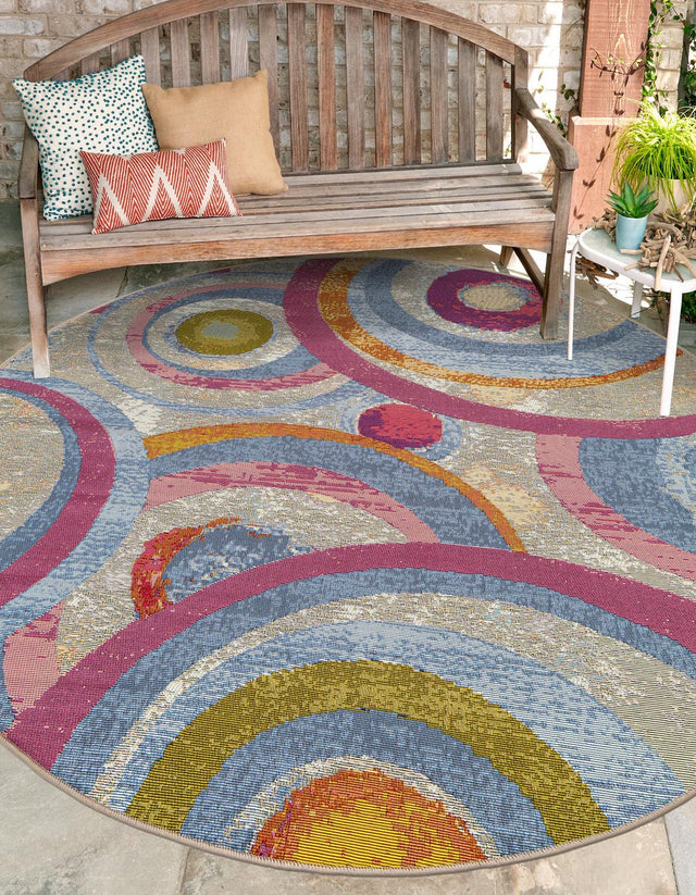 Multicolor 5' 1 x 5' 1 Outdoor Modern Round Area Rug Weather Resistant for Patio, Deck, Terrace, Balcony, Porch 100% Polypropylene Modern Outside Carpet for Sale at Rug Engine