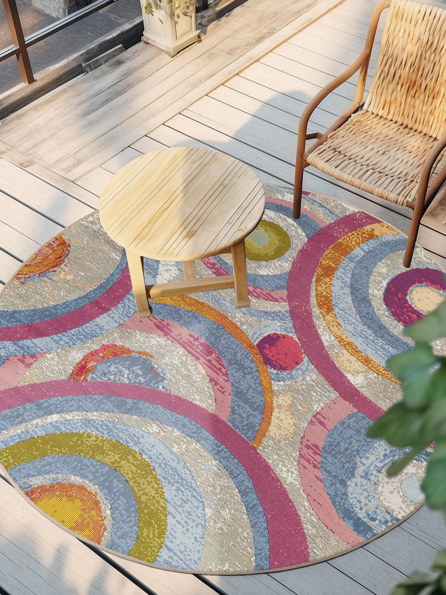 Multicolor 10' x 10' Outdoor Modern Round Area Rug Weather Resistant for Patio, Deck, Terrace, Balcony, Porch 100% Polypropylene Modern Outside Carpet for Sale at Rug Engine