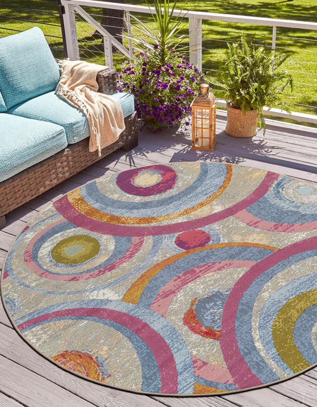 Multicolor 4' 1 x 4' 1 Outdoor Modern Round Area Rug Weather Resistant for Patio, Deck, Terrace, Balcony, Porch 100% Polypropylene Modern Outside Carpet for Sale at Rug Engine