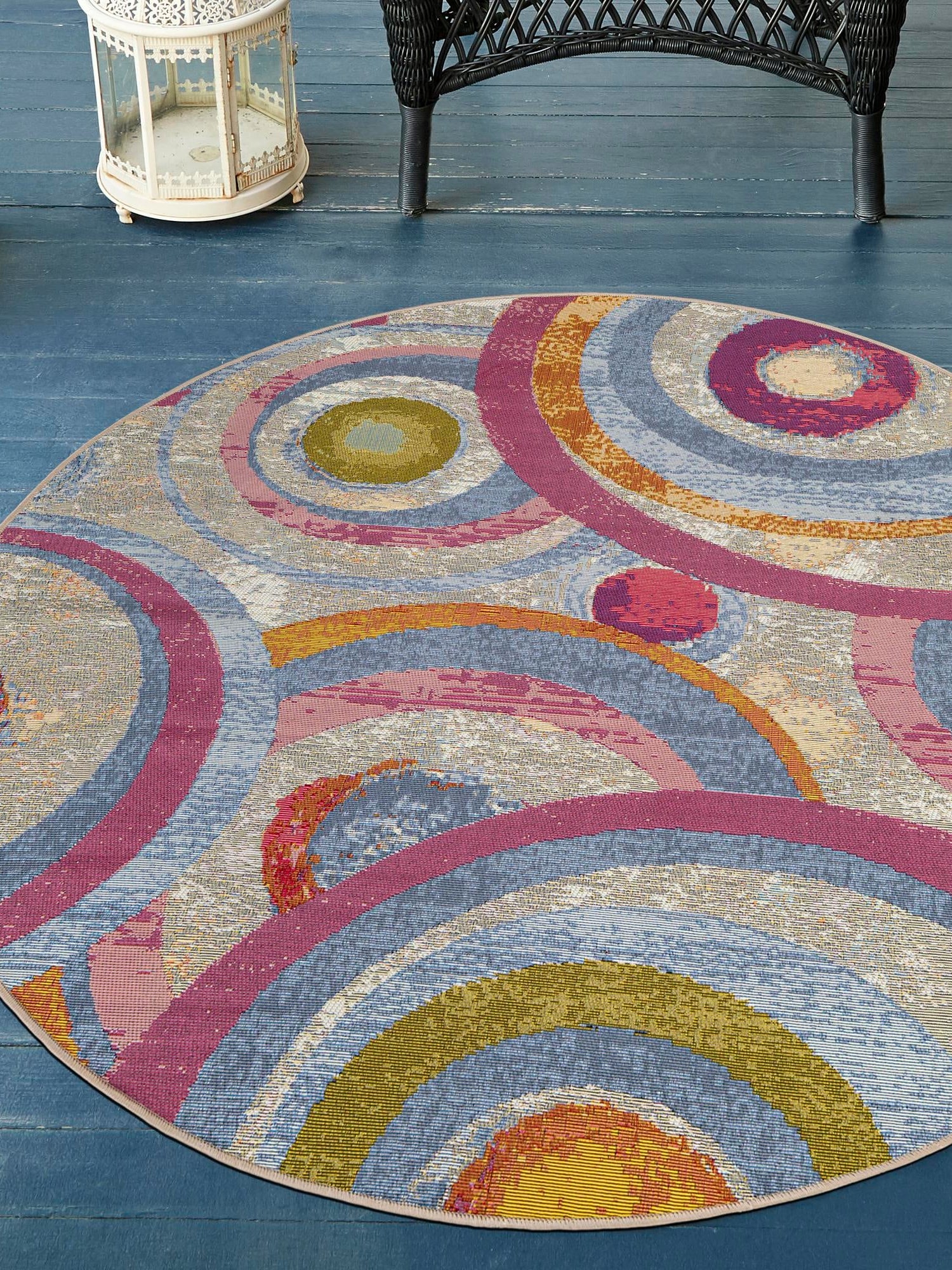 Multicolor 5' 1 x 5' 1 Outdoor Modern Round Area Rug Weather Resistant for Patio, Deck, Terrace, Balcony, Porch 100% Polypropylene Modern Outside Carpet for Sale at Rug Engine