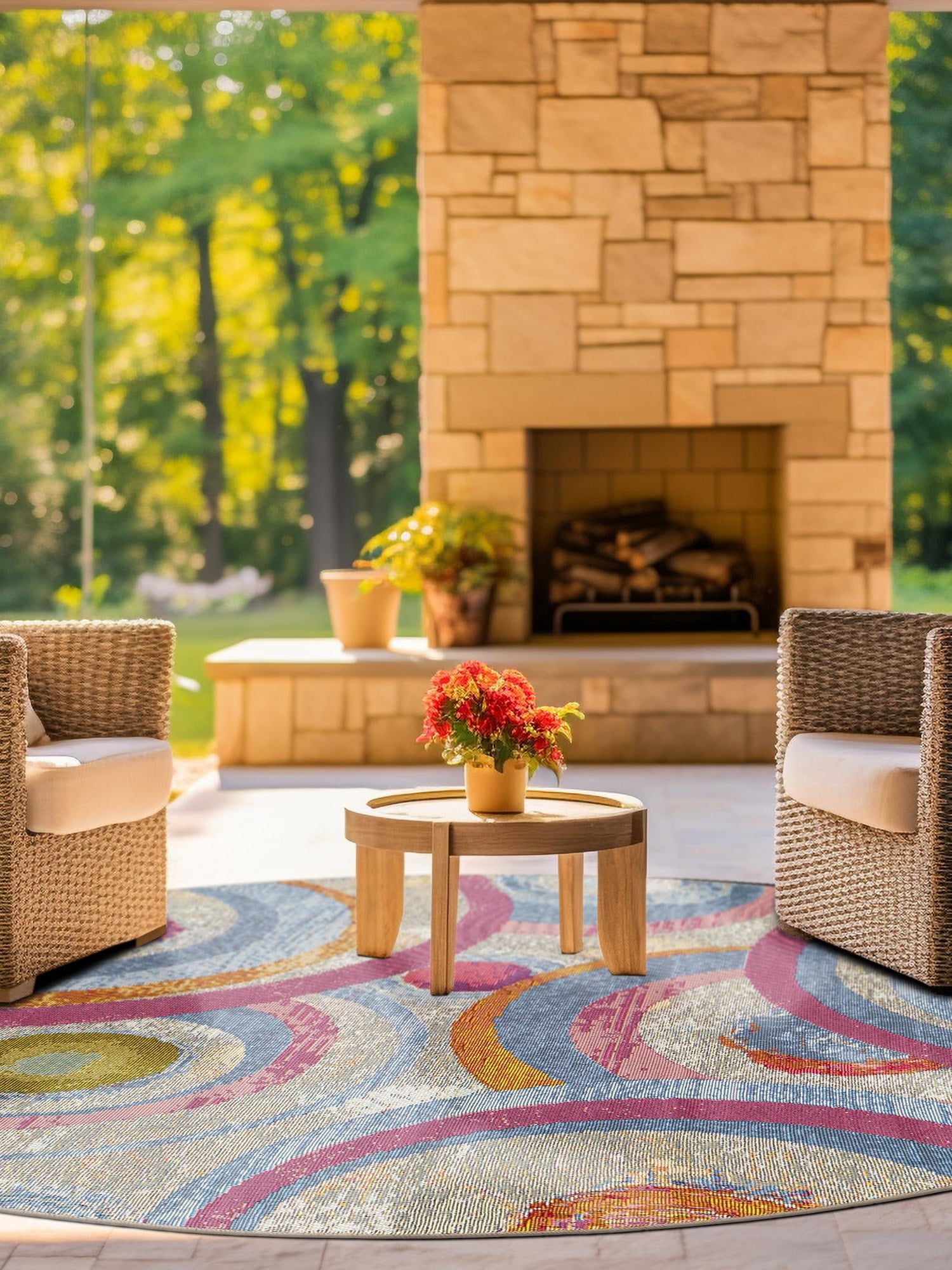 Multicolor 10' x 10' Outdoor Modern Round Area Rug Weather Resistant for Patio, Deck, Terrace, Balcony, Porch 100% Polypropylene Modern Outside Carpet for Sale at Rug Engine