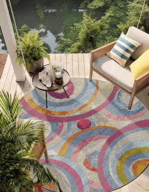Multicolor 3' 1 x 3' 1 Outdoor Modern Round Area Rug Weather Resistant for Patio, Deck, Terrace, Balcony, Porch 100% Polypropylene Modern Outside Carpet for Sale at Rug Engine