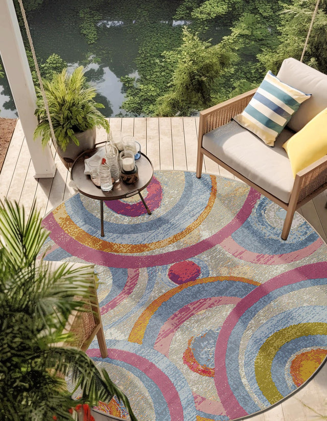 Multicolor 3' 1 x 3' 1 Outdoor Modern Round Area Rug Weather Resistant for Patio, Deck, Terrace, Balcony, Porch 100% Polypropylene Modern Outside Carpet for Sale at Rug Engine
