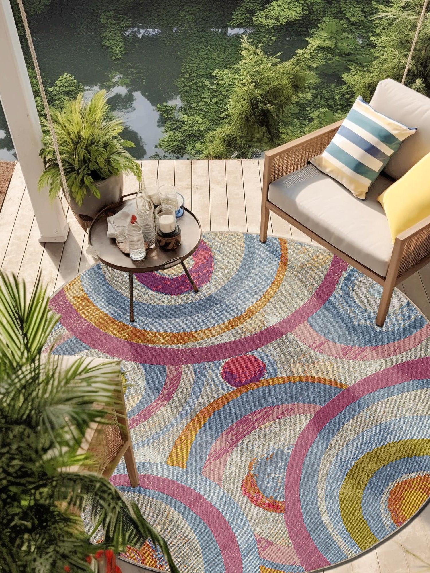 Multicolor 4' 1 x 4' 1 Outdoor Modern Round Area Rug Weather Resistant for Patio, Deck, Terrace, Balcony, Porch 100% Polypropylene Modern Outside Carpet for Sale at Rug Engine