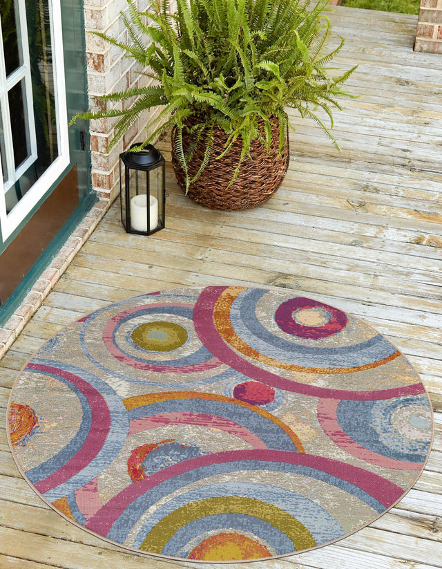 Multicolor 3' 1 x 3' 1 Outdoor Modern Round Area Rug Weather Resistant for Patio, Deck, Terrace, Balcony, Porch 100% Polypropylene Modern Outside Carpet for Sale at Rug Engine