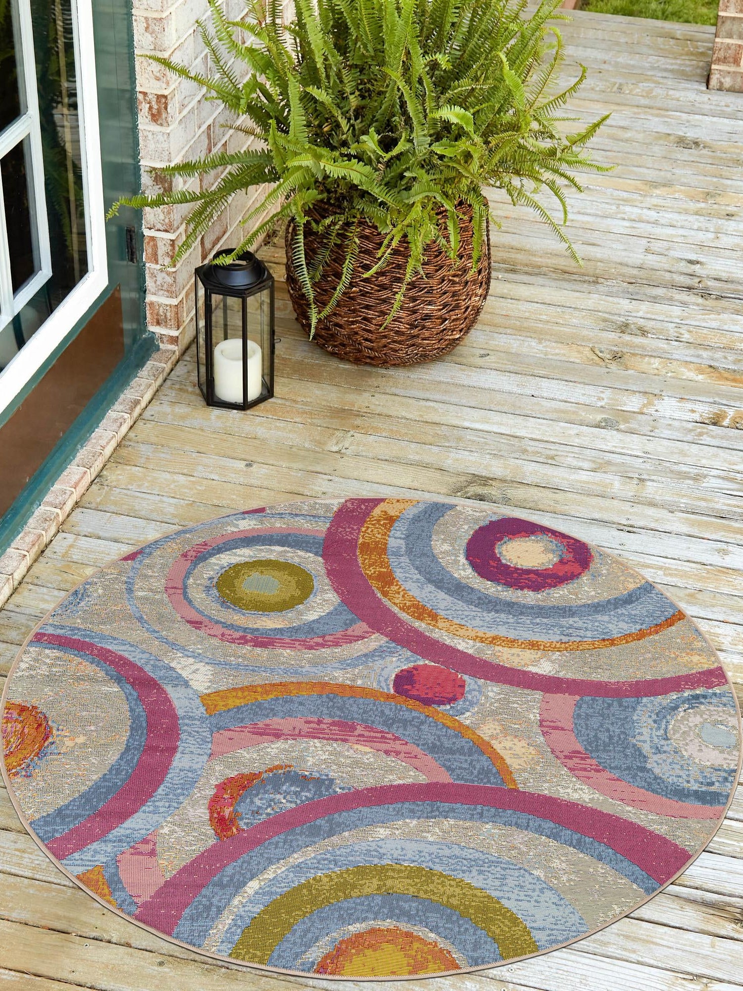 Multicolor 7' 10 x 7' 10 Outdoor Modern Round Area Rug Weather Resistant for Patio, Deck, Terrace, Balcony, Porch 100% Polypropylene Modern Outside Carpet for Sale at Rug Engine