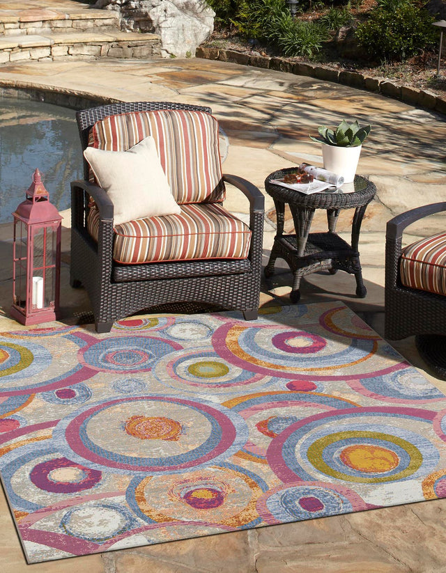 Multicolor 7' 10 x 7' 10 Outdoor Modern Square Area Rug Weather Resistant for Patio, Deck, Terrace, Balcony, Porch 100% Polypropylene Modern Outside Carpet for Sale at Rug Engine
