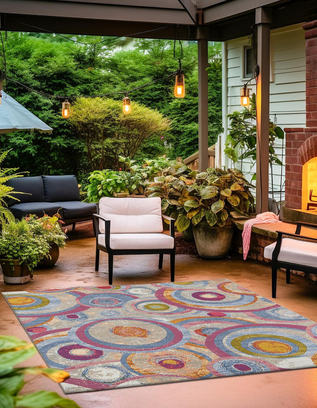 Multicolor 7' 10 x 7' 10 Outdoor Modern Square Area Rug Weather Resistant for Patio, Deck, Terrace, Balcony, Porch 100% Polypropylene Modern Outside Carpet for Sale at Rug Engine