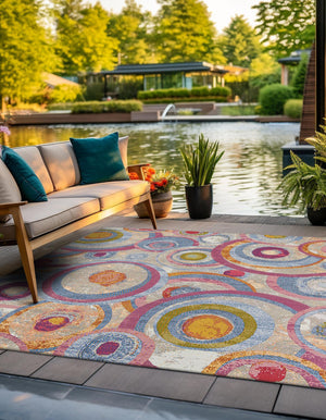Multicolor 7' 10 x 7' 10 Outdoor Modern Square Area Rug Weather Resistant for Patio, Deck, Terrace, Balcony, Porch 100% Polypropylene Modern Outside Carpet for Sale at Rug Engine