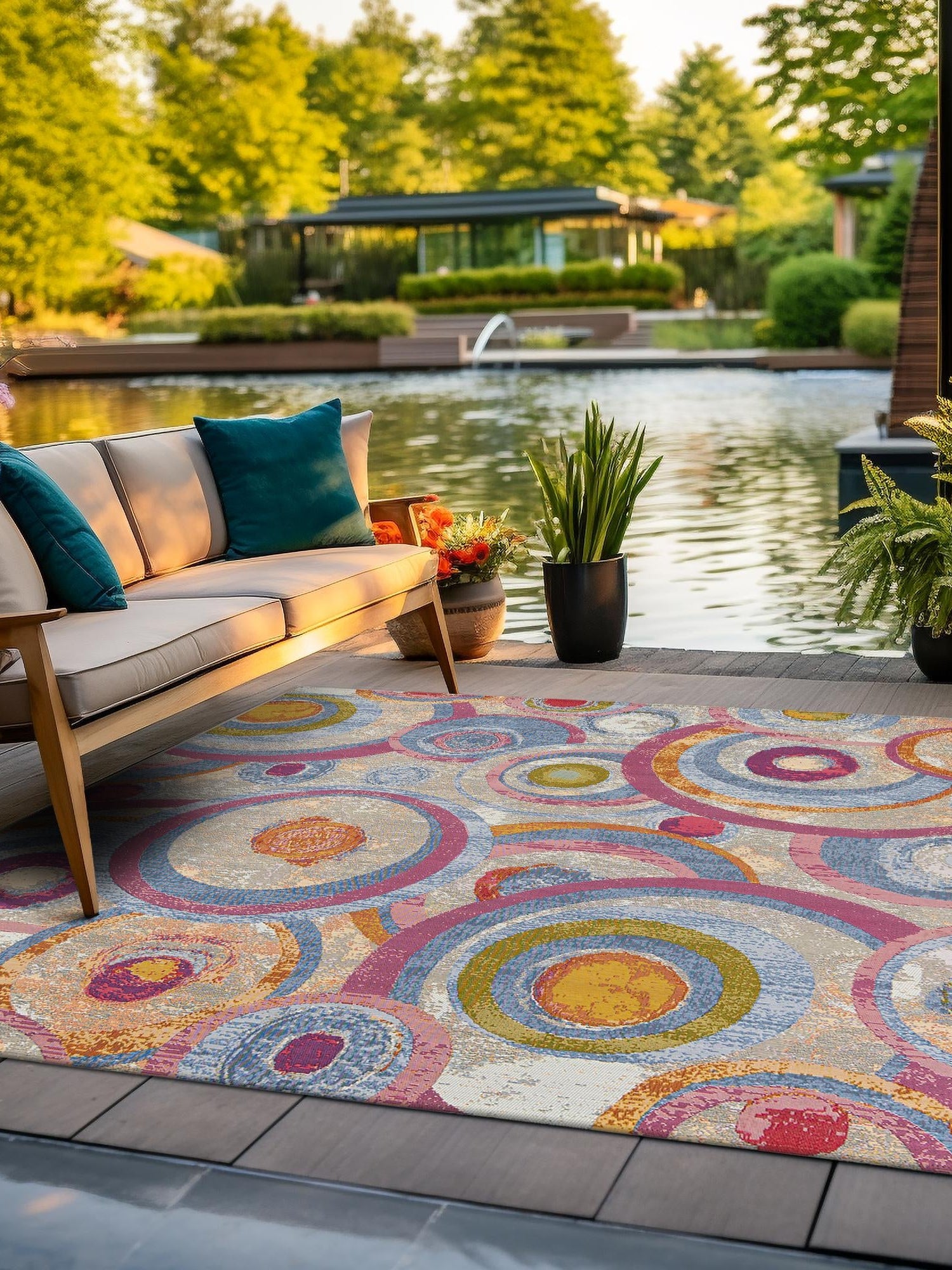 Multicolor 10' x 10' Outdoor Modern Square Area Rug Weather Resistant for Patio, Deck, Terrace, Balcony, Porch 100% Polypropylene Modern Outside Carpet for Sale at Rug Engine