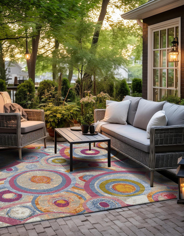 Multicolor 10' x 10' Outdoor Modern Square Area Rug Weather Resistant for Patio, Deck, Terrace, Balcony, Porch