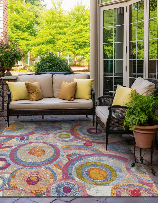Multicolor 7' 10 x 7' 10 Outdoor Modern Square Area Rug Weather Resistant for Patio, Deck, Terrace, Balcony, Porch 100% Polypropylene Modern Outside Carpet for Sale at Rug Engine